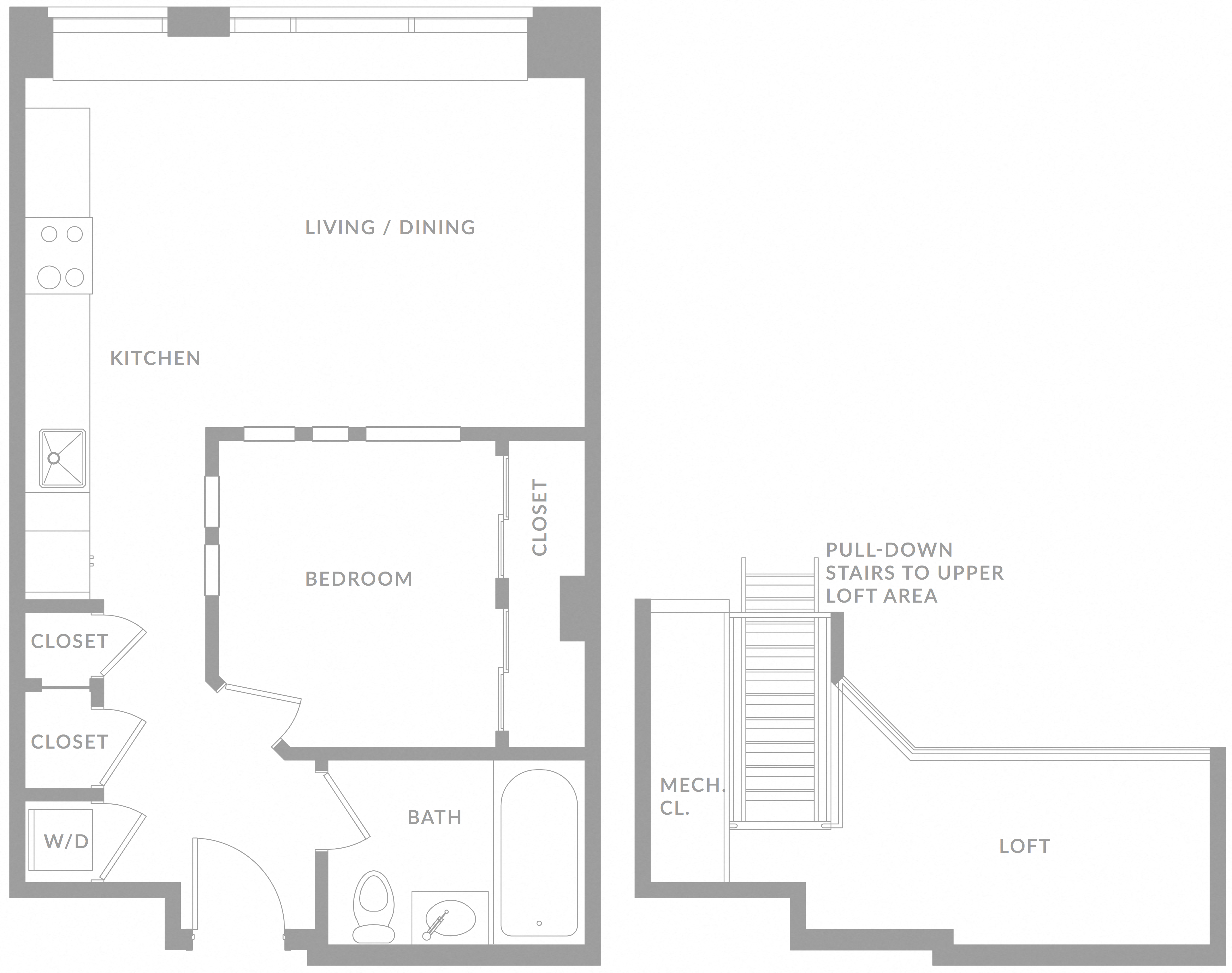Floor plan for 1 bed, 1 bath, 750 sqft